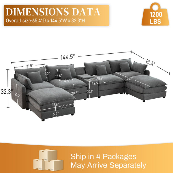 English Elm 145-inch Seven Piece Modular Cloud Sofa with Woolen Upholstery for Spacious Living W2564S00040