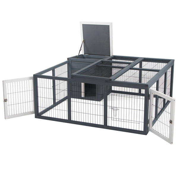 English Elm Small Animal Rabbit Hutch Fir Wood Outdoor Run with Weather Resistant Roof Two Zone T3971P436380