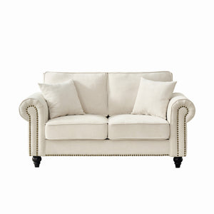 English Elm 63" Modern 2-Seater Sofa with Chenille Velvet, Rolled Arms, Nailhead Trim, Solid Wood Frame Durable Beige W3373S00020