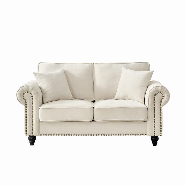 English Elm 63" Modern 2-Seater Sofa with Chenille Velvet, Rolled Arms, Nailhead Trim, Solid Wood Frame Durable Beige W3373S00020