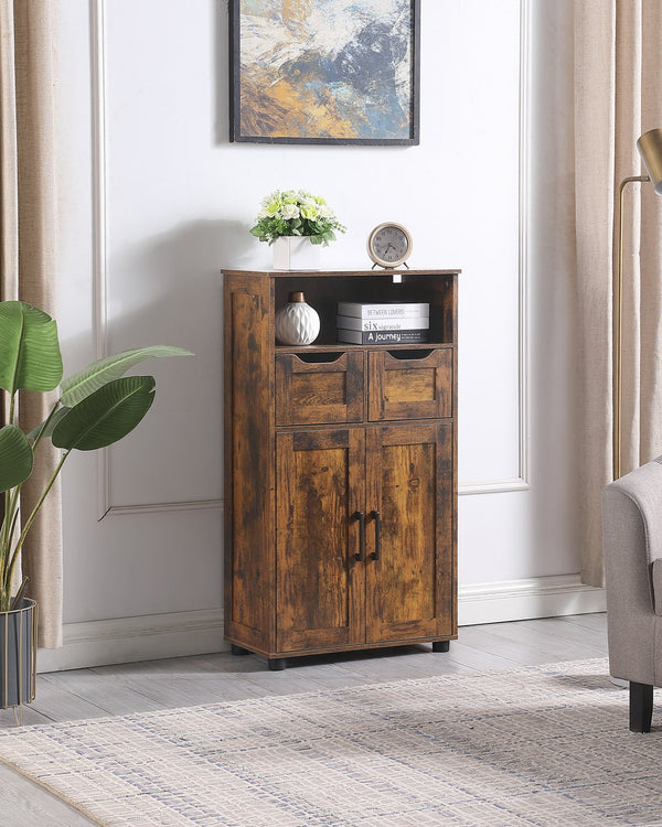 English Elm Tall Rustic Brown Storage Cabinet with 2 Large Drawers, Adjustable Shelf, Versatile Organizing for Home Offices, Kitchens, Bathrooms Durable Finish and Smooth-Glide Drawers W3151P345972