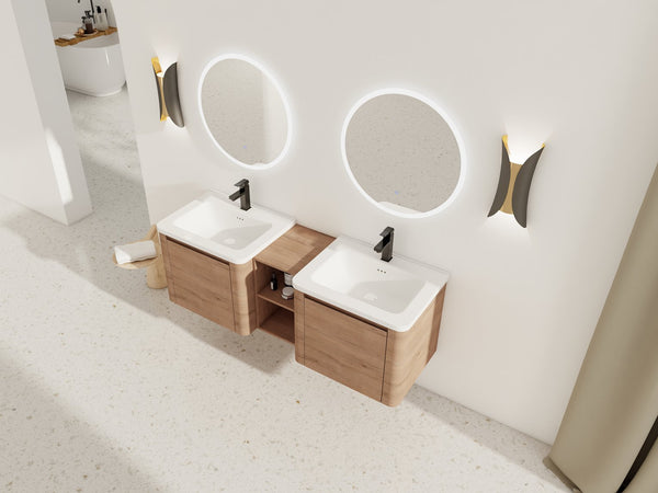English Elm 60'' Wall-Mounted Vanity with White Ceramic Sink, Plywood Shelves, Soft-Close Door, Scratch & Water-Resistant Finish W999S00381