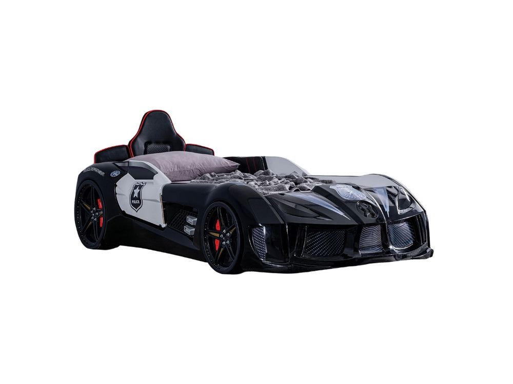 English Elm Modern Police Car Bed Twin Size With Led Lights, Magnetic Doors & Upholstered Headboard For Kids B2741S00497