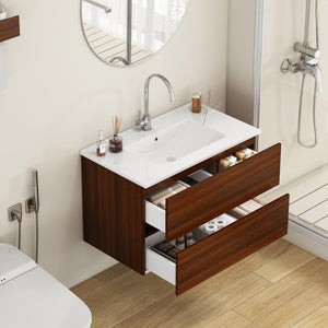 English Elm 32-Inch Wall-Mounted Bathroom Vanity With Soft-Close Drawers, Ceramic Sink, Walnut Finish, Easy Install W3151S00040