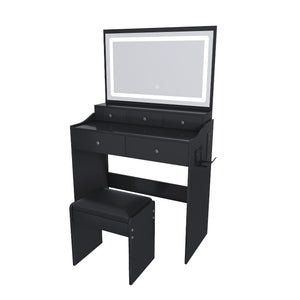 English Elm New Large Mirror Vanity Desk with 5 Drawers, Built-In Outlet & Hairdryer Holder, 3-Mode LED Lighting Black W509P339033