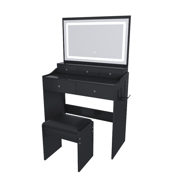 English Elm New Large Mirror Vanity Desk with 5 Drawers, Built-In Outlet & Hairdryer Holder, 3-Mode LED Lighting Black W509P339033