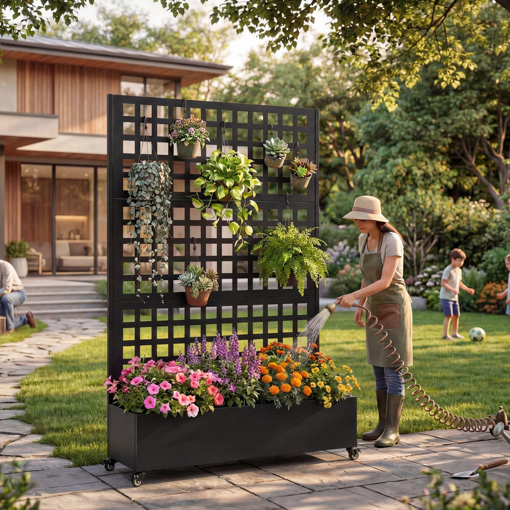 English Elm Metal Galvanized Steel Raised Planter on Wheels with Trellis for Outdoor Climbing Vines W5312P460800