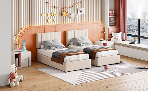 English Elm King Upholstered Hydraulic Storage Bed with Vertical Stripe Headboard, Linen Upholstery, 660lb Capacity Beige SF000285AAA