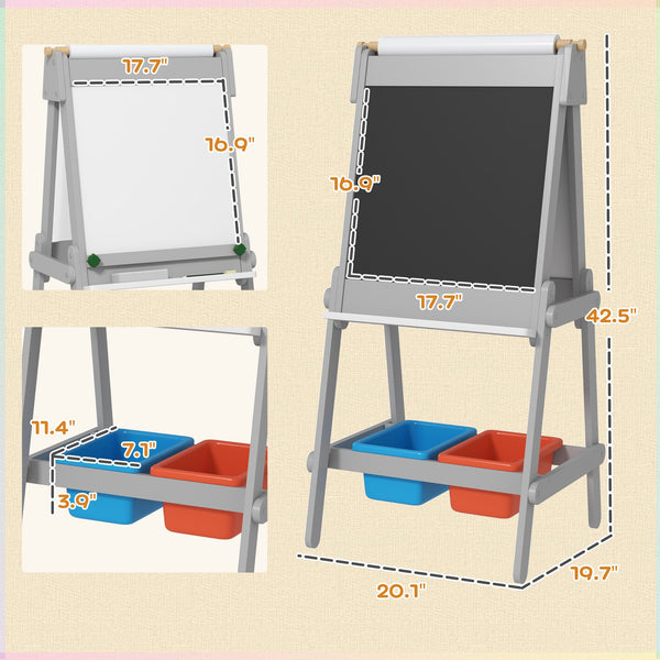 English Elm Qaba Kids Art Easel with Paper Roll, Double-Sided Chalk & Whiteboard, Storage Boxes, Safe Build Gray W2225P249778