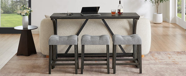 English Elm 59 Inch Bar Table Set with Power Outlet Rubberwood Frame and 3 Linen Stools Black W2972P385253