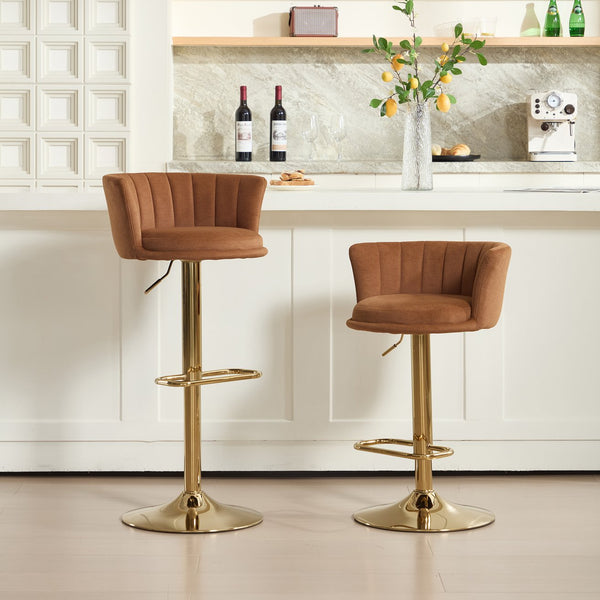 English Elm Set of 2 Orange Velvet Bar Stools with 360° Swivel, Gas Lift Height Adjustable, Chrome Base & Gold Legs W1249P386226