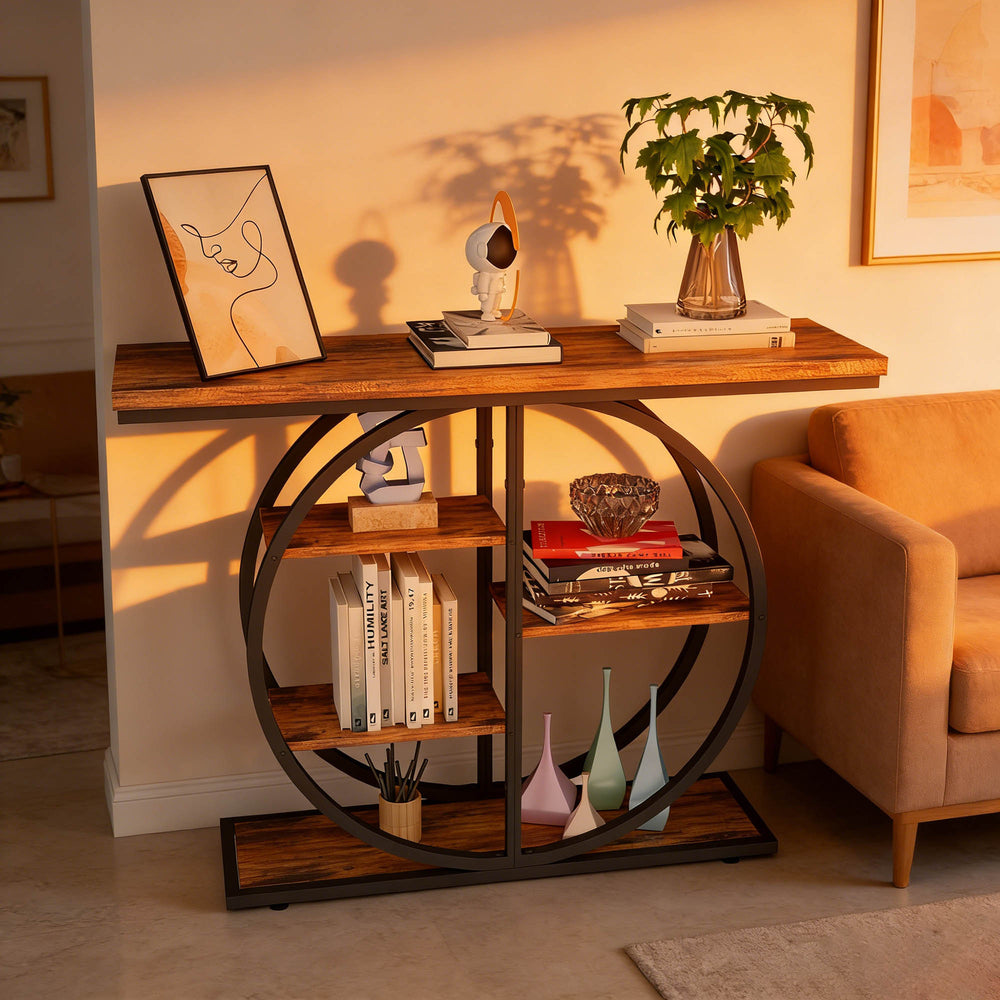 English Elm 41.3 Inch Five Tier Industrial Console Table Rustic Wood Shelves Round Metal Frame W3101P460015