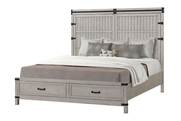 English Elm Alexandria King Storage Bed with USB Ports, Plank Inlay & 2 Drawers, Mountain Mist Rustic Chic B108S00031