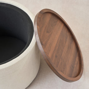 English Elm Ball Cast Round Nesting Ottoman Set Linen Upholstered Hidden Storage with Wooden Tray Beige W3163P379373