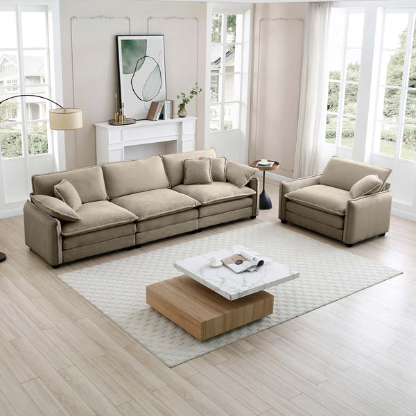 English Elm Mid-Century Modern Sofa Set: 3-Seater & Single Seat With Pillows, Plush Tan Corduroy For Comfort W714S00716