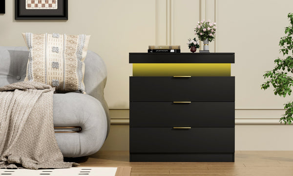 English Elm Nightstand with Built-in Charging Station Rgb Led Lighting and Sliding Top Drawer Black W1162P246397