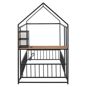 English Elm Twin House Bed Frame with Roof & Fence, Metal Twin Loft with Built-In Desk Shelves USB Outlets Black N737P173490B