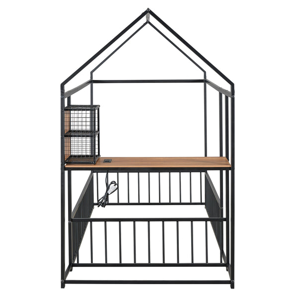 English Elm Twin House Bed Frame with Roof & Fence, Metal Twin Loft with Built-In Desk Shelves USB Outlets Black N737P173490B
