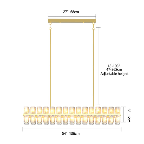 English Elm Crystal Gold Rectangle Chandelier 32.7x18.5in — Modern Farmhouse Kitchen Island Dining Light, 60W Warm White W1340P310783