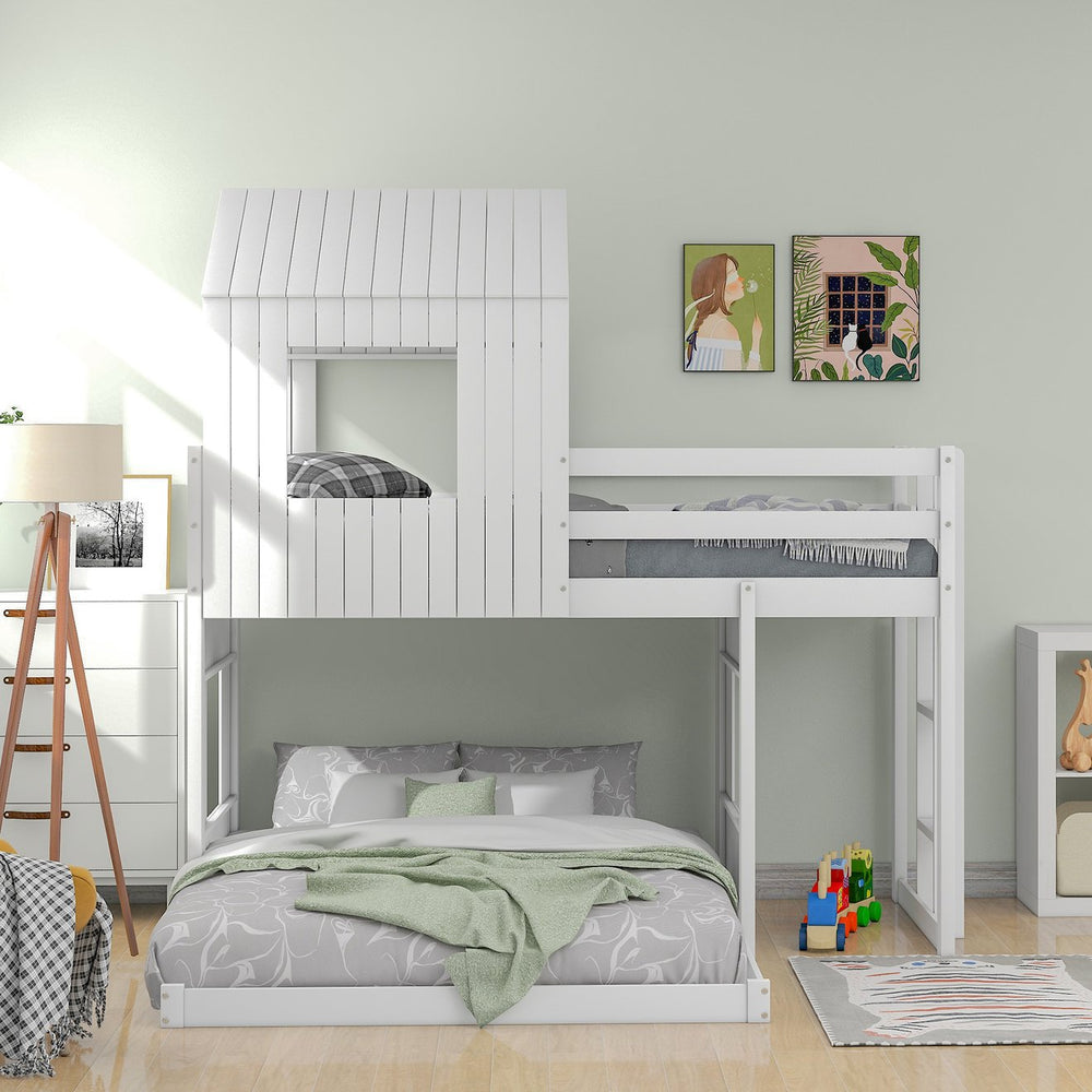 English Elm Wooden Twin Over Full Bunk Bed Farmhouse Playhouse Design with Ladder Guardrails LT000327AAK-1