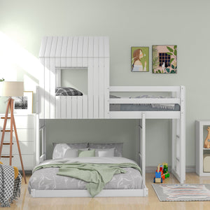 English Elm Wooden Twin Over Full Bunk Bed Farmhouse Playhouse Design with Ladder Guardrails LT000327AAK-1