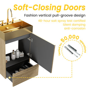 English Elm Gada Fluted Sage Freestanding Bathroom Vanity with Brushed Brass Vessel Sink Cabinet Light Oak W1865S00217