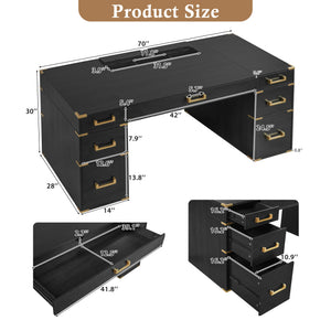 English Elm 70" Executive Writing Desk with Gold Metal Trim Seven Drawers and Built-in Power Outlets N751S376579B
