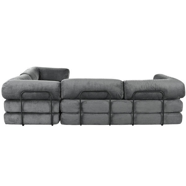 English Elm U_style Modular Corduroy Sectional Sofa Converts to Guest Bed for Apartment Living Grey WY000463AAE