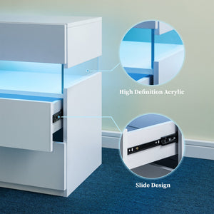 English Elm Led Nightstand with Rgb Acrylic Glow Panel Three Drawers Walnut Bedroom Table White W2178P412300