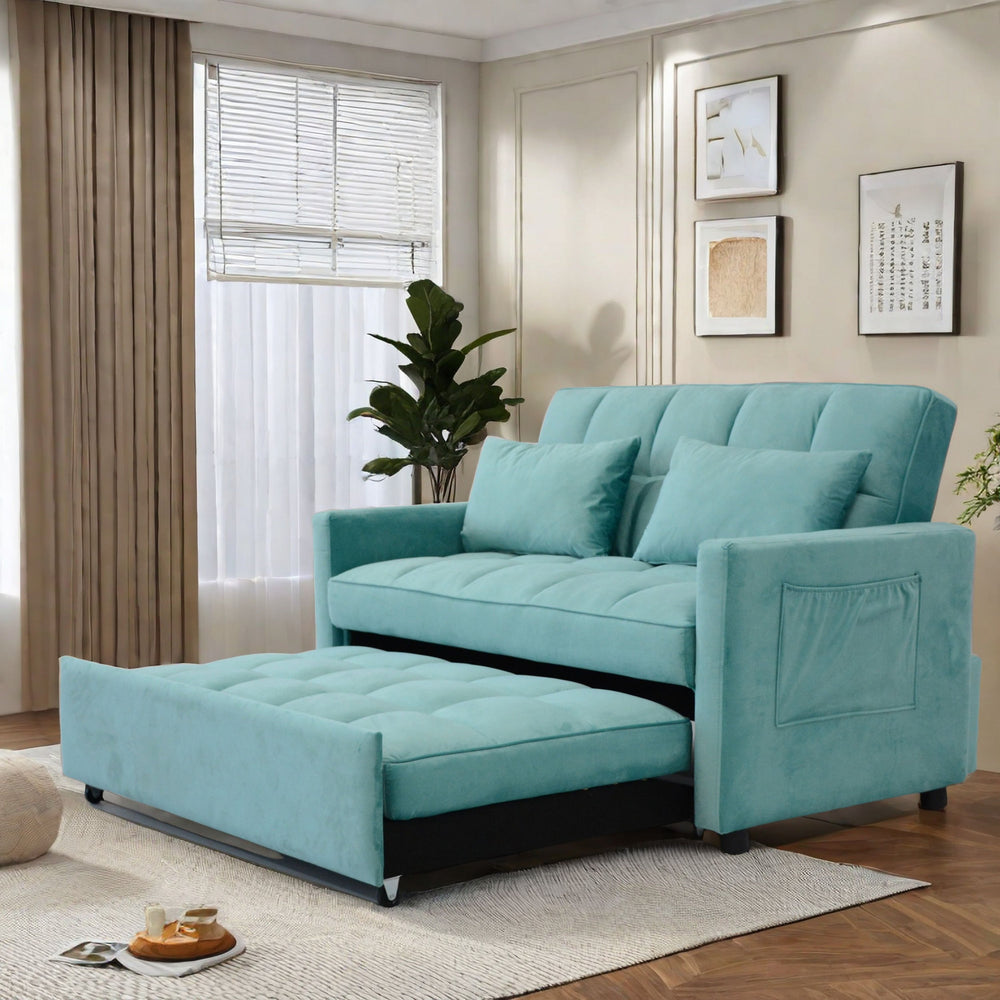 English Elm 55.2" Velvet Two Seater Sofa Bed with Adjustable Backrest, 3 USB Ports, Side Pockets, Space-Saving Lounge (Peacock Blue) W1183138561
