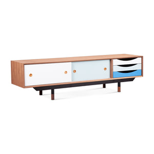 English Elm Finn Finn Juhl 1955 TV Cabinet Blue Walnut – Solid Wood MDF, Black Stainless Legs, Lacquered Drawers, 63” L x 20” W x 9” H B353S00002