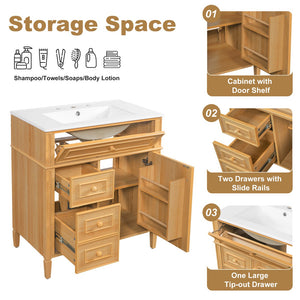 English Elm 30" Pine Wood Bathroom Vanity with Ceramic Sink Soft Close Drawers and Vintage Knobs N725P375498N