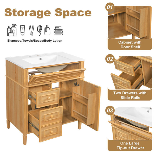 English Elm 30" Pine Wood Bathroom Vanity with Ceramic Sink Soft Close Drawers and Vintage Knobs N725P375498N
