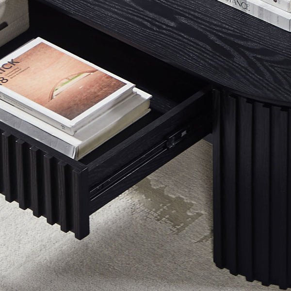 English Elm 51.18'' Oval Mdf Coffee Table with Hidden Drawer Mid-century Pedestal Base Black W876P370279