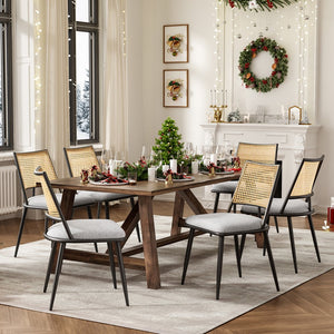 English Elm Dining Chairs Mid-Century Modern Rattan Backrest Bouclé Upholstered Metal Frame Comfortable Design LIGHT GREY T3623P379924