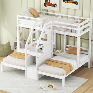 English Elm Twin Triple Bunk Bed Pine Frame with Staircase Storage Drawers for Kids Rooms GX000309AAK
