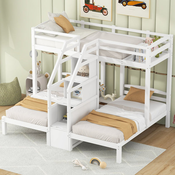 English Elm Twin Triple Bunk Bed Pine Frame with Staircase Storage Drawers for Kids Rooms GX000309AAK