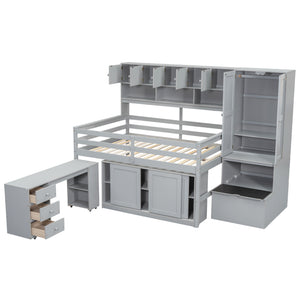 English Elm Full Size Gray Loft Bed with Rolling Desk Wardrobe Staircase and Headboard Shelving LT000852AAE