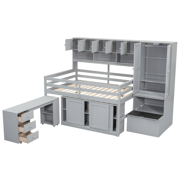 English Elm Full Size Gray Loft Bed with Rolling Desk Wardrobe Staircase and Headboard Shelving LT000852AAE