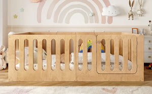 English Elm Twin Solid Pine Montessori Floor Bed with House Frame Door and Safety Fence Natural W5305P420636
