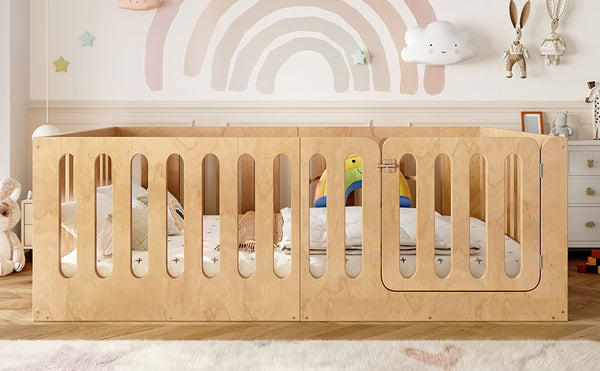 English Elm Twin Solid Pine Montessori Floor Bed with House Frame Door and Safety Fence Natural W5305P420636