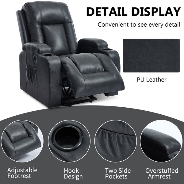 English Elm Beige Pu Leather Power Lift Recliner with Massage Lumbar Heat and Usb Charging Gray W1803S00084