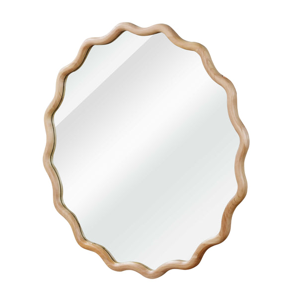 English Elm Natural Wood 36in Wavy Round Solid Wood Frame Mirror – Rustic Tempered Glass Vanity Decor, Entryway W2203P389080