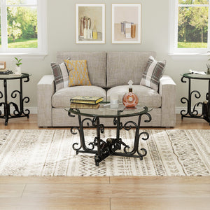 English Elm 3-Piece Glass Coffee Table Set with Tempered Tops, Black Metal Frame, Nesting Space-Saving Design W2735P332167