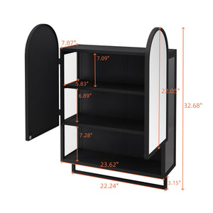 English Elm 23.62" Modern Double-Arched Mirror Cabinet with Tempered Glass, Metal Frame, Shelf & Towel Rack Storage Black W757P314586