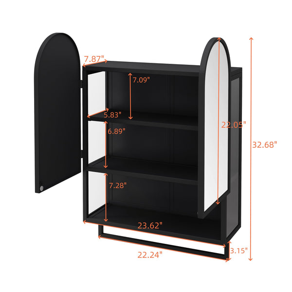 English Elm 23.62" Modern Double-Arched Mirror Cabinet with Tempered Glass, Metal Frame, Shelf & Towel Rack Storage Black W757P314586