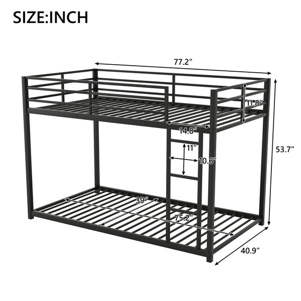 English Elm Twin Over Twin Metal Bunk Bed Low Profile with Full Guardrail Ladder Quiet Steel Frame Sturdy Support Black MF285535AAB