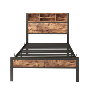 English Elm Twin Metal Platform Bed with Storage Headboard, USB Charging Station, Bookcase Shelves, Rustic Appeal W840P192226