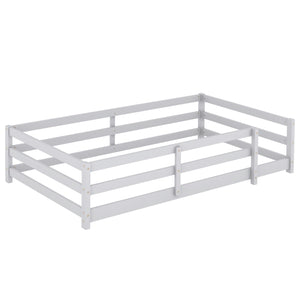 English Elm Twin Pine Montessori Floor Bed with Safety Fence — Grey Low-Profile Kids Twin Frame, 77"x38.9" Interior W1820P369890
