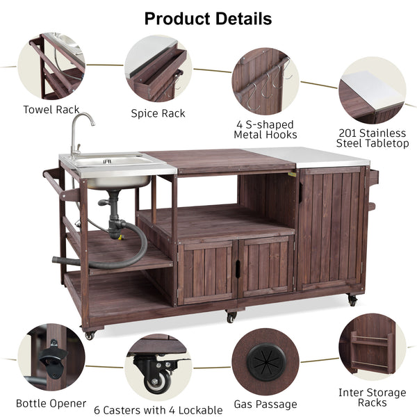 English Elm K&k Solid Fir Outdoor Kitchen Island with Sink Stainless Steel Top and Grill Cutout Brown N707S000022Z